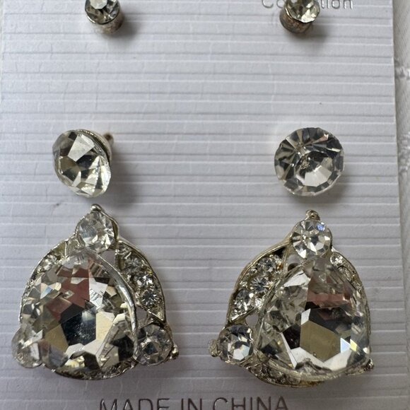 Pastel Rhinestone Silver Tone Dangle Drop CZ Triangle Stud 2 Pair Earrings NEW - Picture 2 of 6